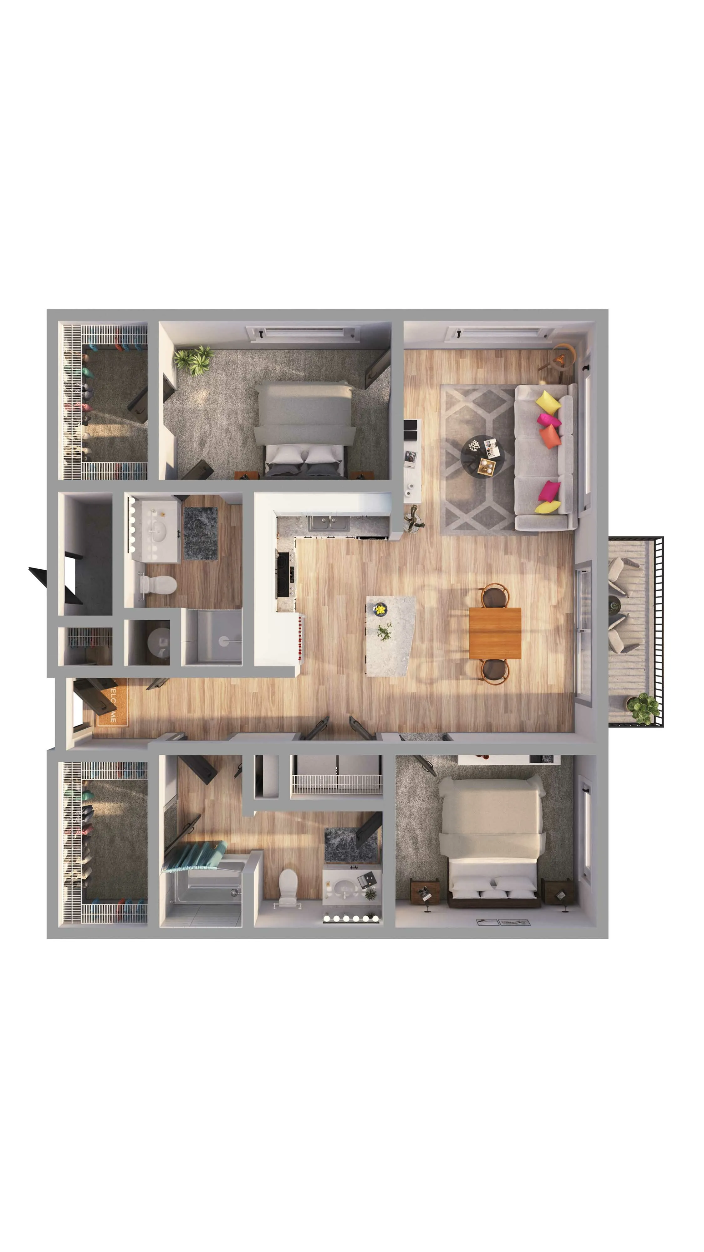 Modern 3D floor plan showcasing two spacious bedrooms, a cozy living room, stylish kitchen, dining area, two bathrooms, and a private balcony.