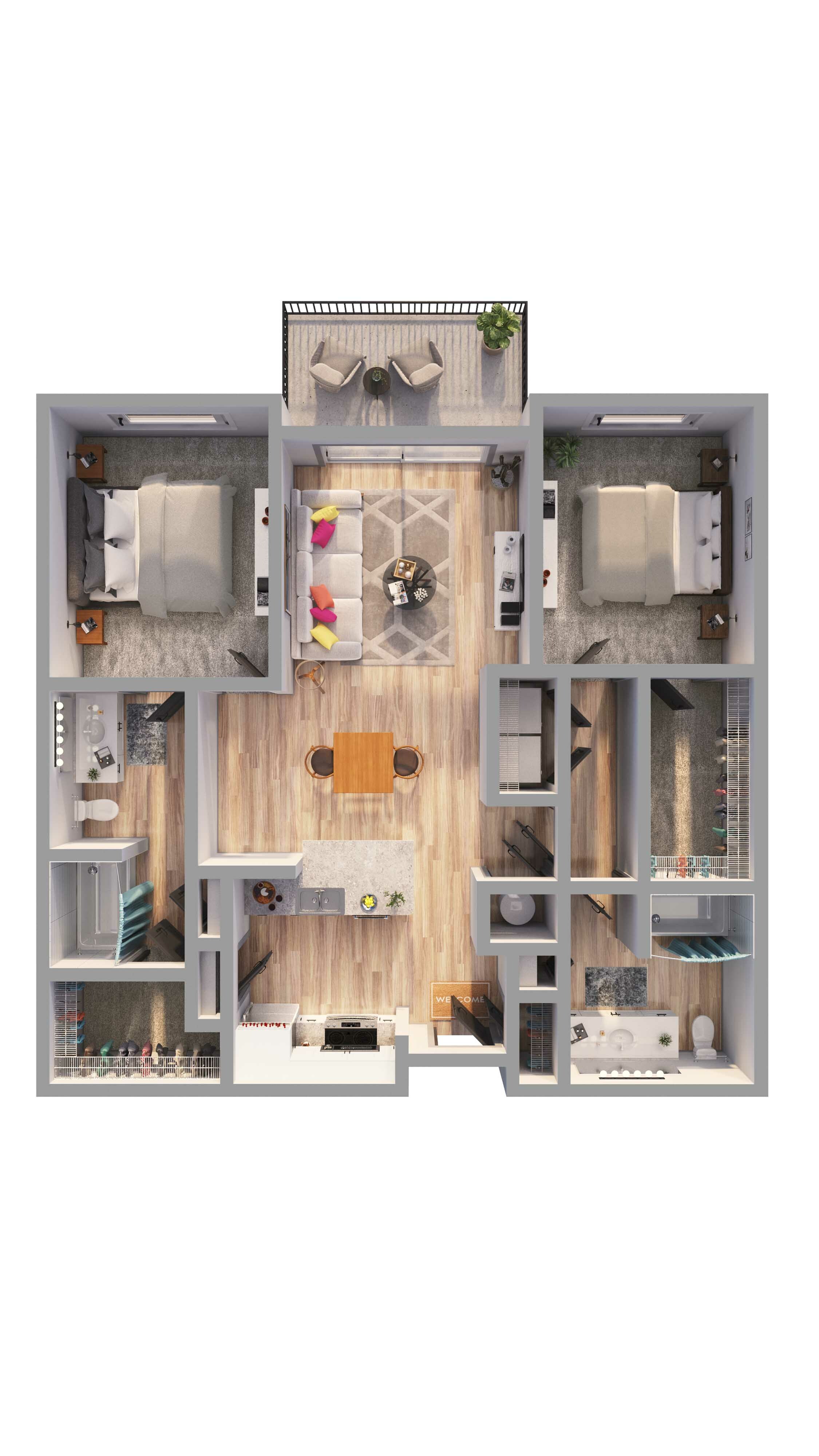 Charming 2D floor plan showcasing 2 bedrooms, cozy living room, modern kitchen, and inviting balcony for relaxation.