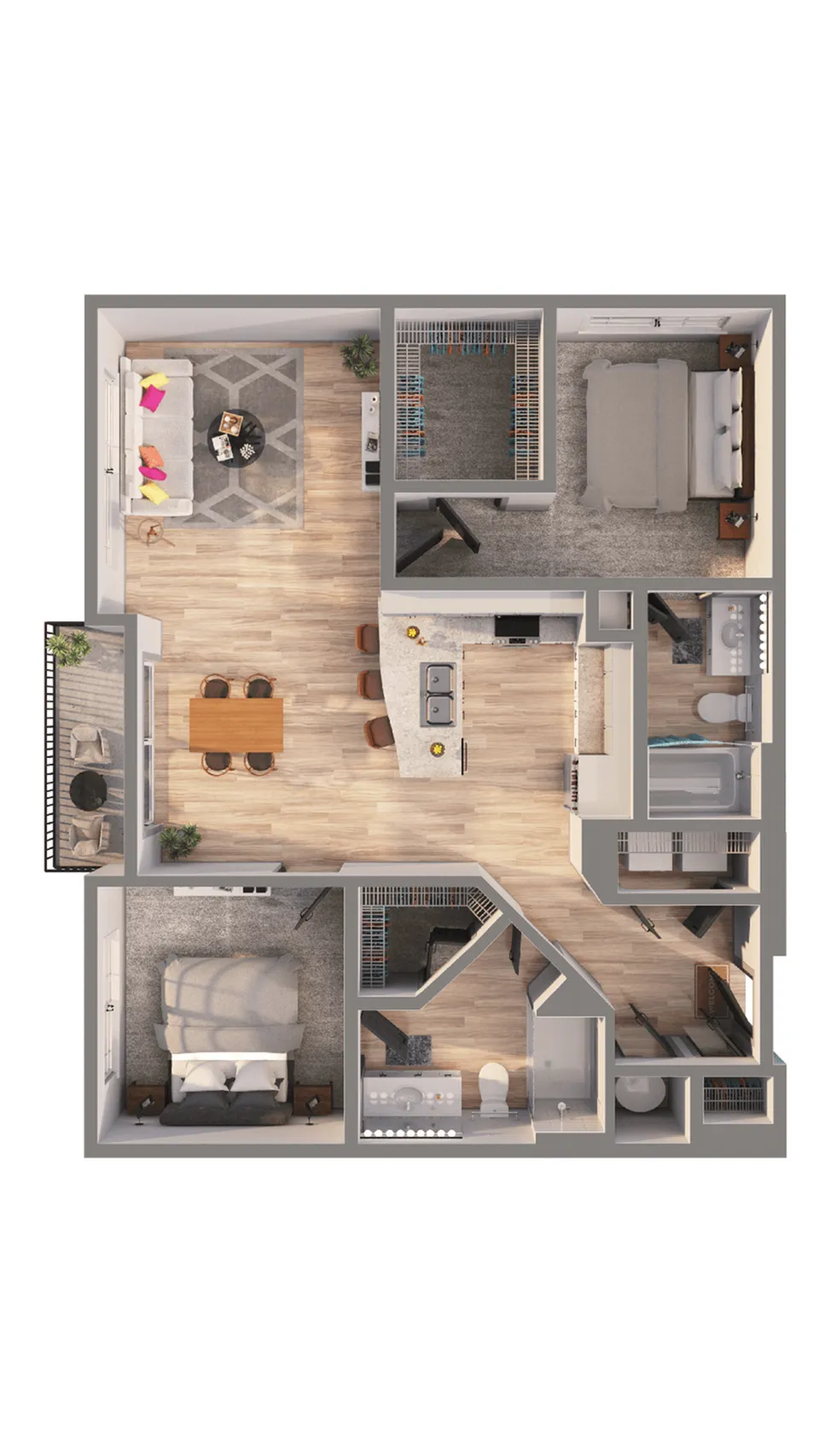 Modern 2D floor plan showcasing two spacious bedrooms, an open-concept living and dining area, a sleek kitchen with island seating, and a private balcony.