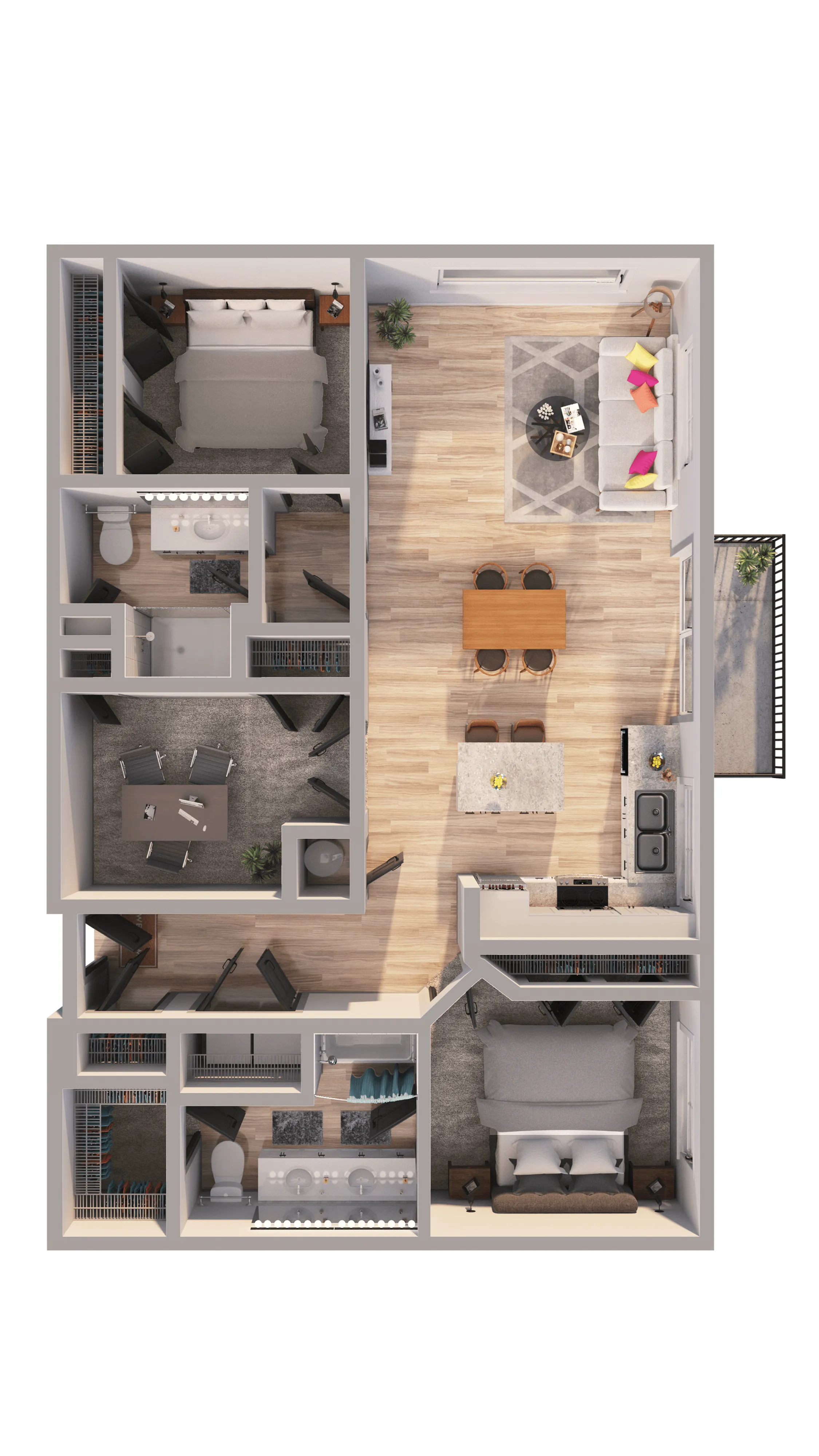 Modern apartment floor plan showcasing 2 bedrooms, spacious living room, open kitchen with island, and private balcony.