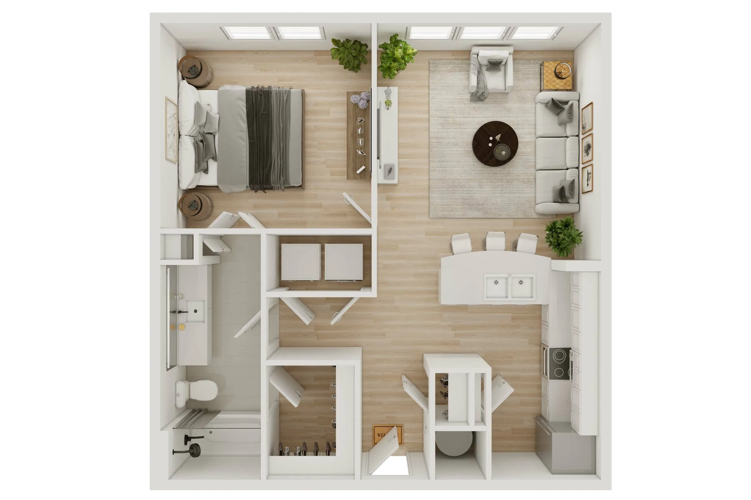 Charming 3D floor plan showcasing 1 bedroom, an elegant open living and dining area, and a modern kitchen.