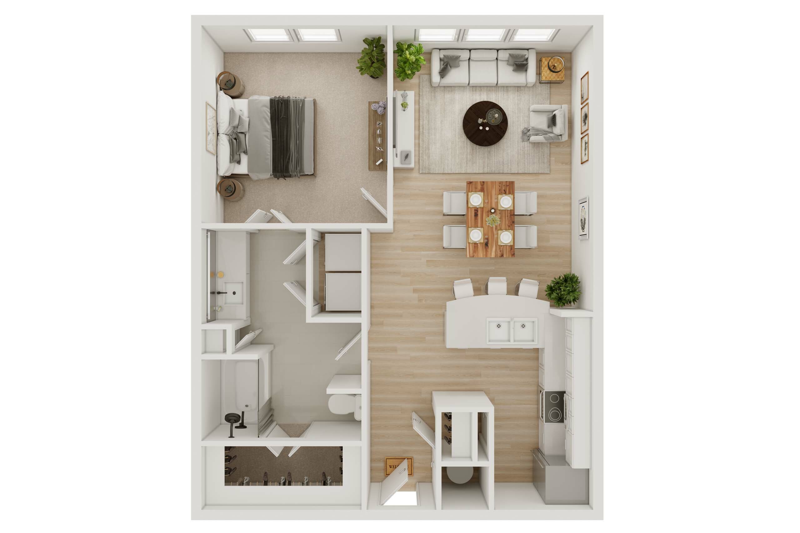 Elegant open-concept floor plan featuring one spacious bedroom, modern kitchen with island, cozy living area, dining space, and a full bathroom.