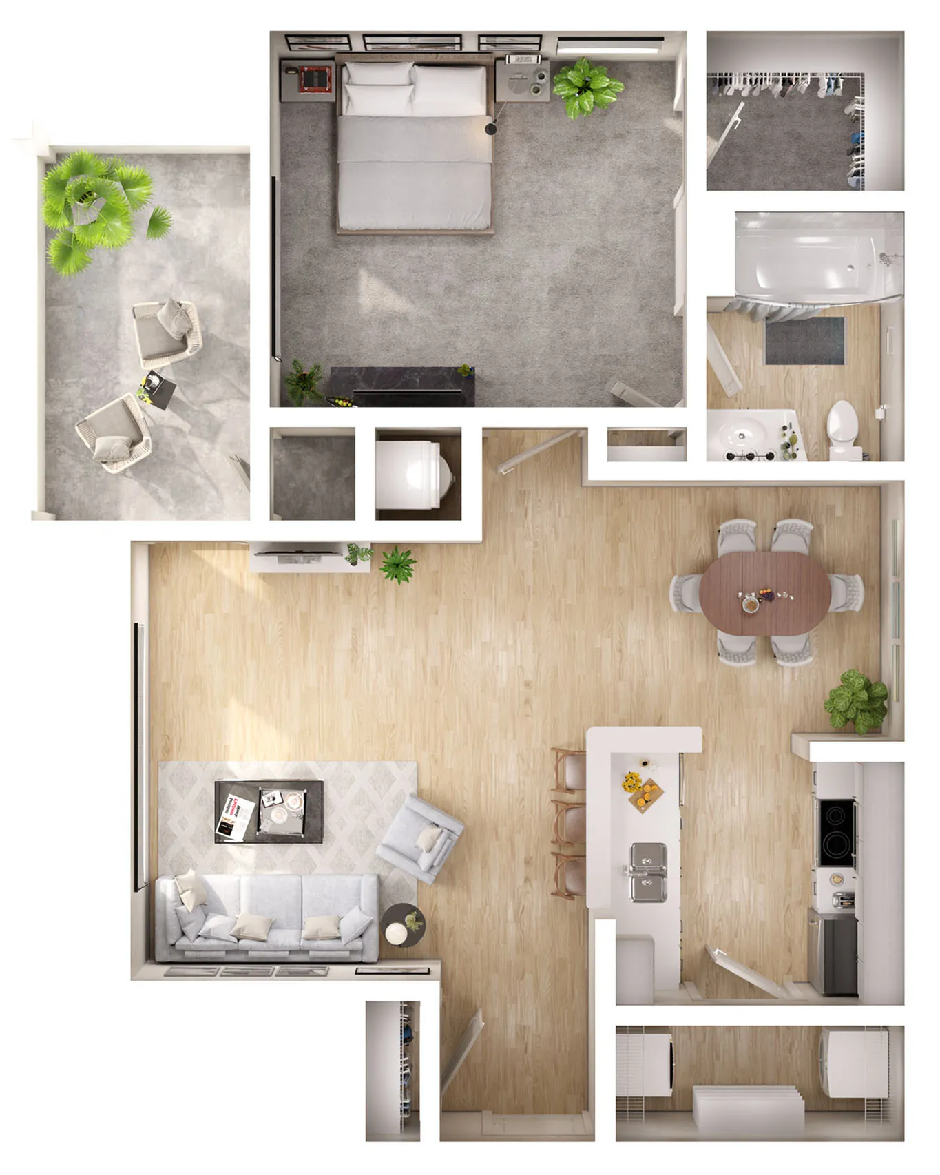 Chic modern apartment floor plan with one bedroom, open-concept living room, stylish kitchen, and private balcony.