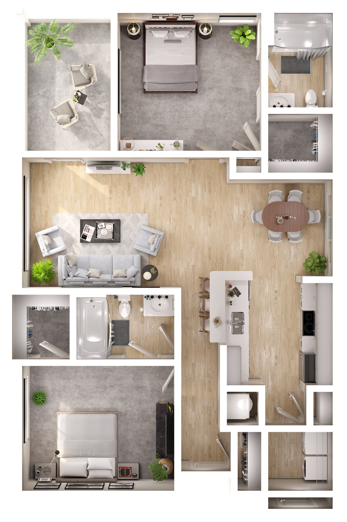 Inviting 3D floor plan showcasing 2 spacious bedrooms, modern open-concept kitchen, elegant living area, and cozy dining space, perfect for stylish urban living.