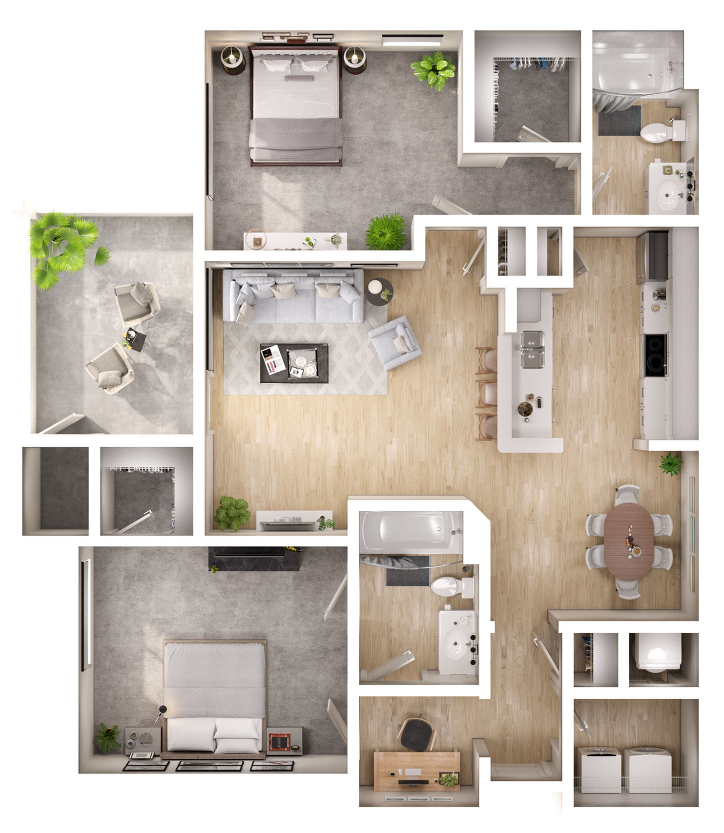 Modern apartment floor plan showcasing 2 bedrooms, a stylish open-concept living area, a sleek kitchen with island seating, and two bathrooms, perfect for comfortable living.