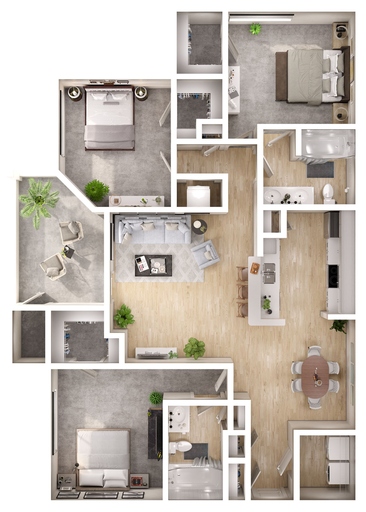 Modern floor plan showcasing spacious open-concept living area, two cozy bedrooms, stylish kitchen with island, and elegant dining space.