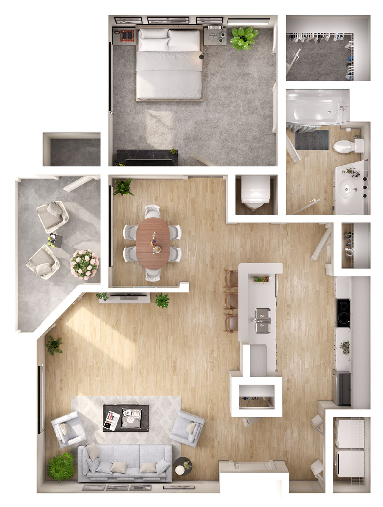 Elegant floor plan showcasing a spacious open-concept living area, cozy bedroom, modern kitchen with breakfast bar, and inviting outdoor balcony.