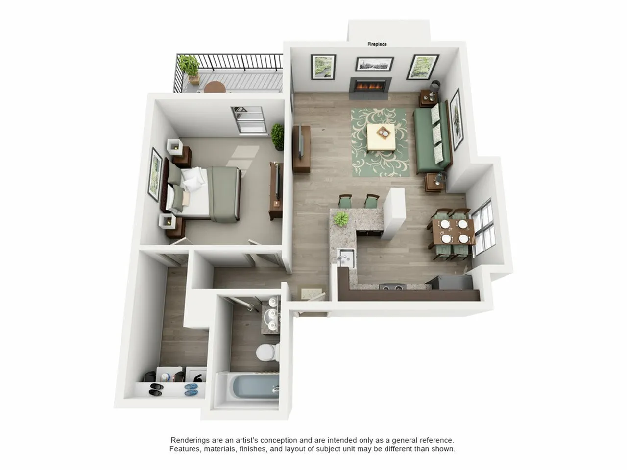 Charming 1-bedroom apartment floor plan with cozy living room, modern kitchen, and private balcony.