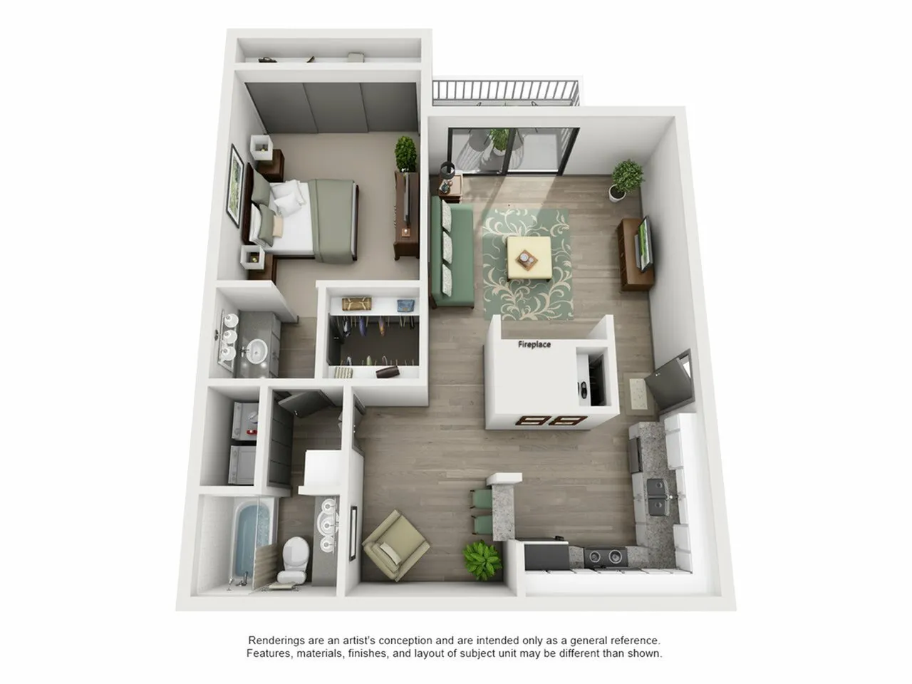 Charming 3D floor plan showcasing a modern open-concept living area with a fireplace, one bedroom, and two stylish bathrooms.