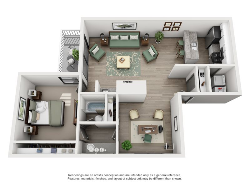 Elegant open-plan apartment layout featuring a cozy living room with a fireplace, modern kitchen with breakfast bar, inviting bedroom, and private balcony.