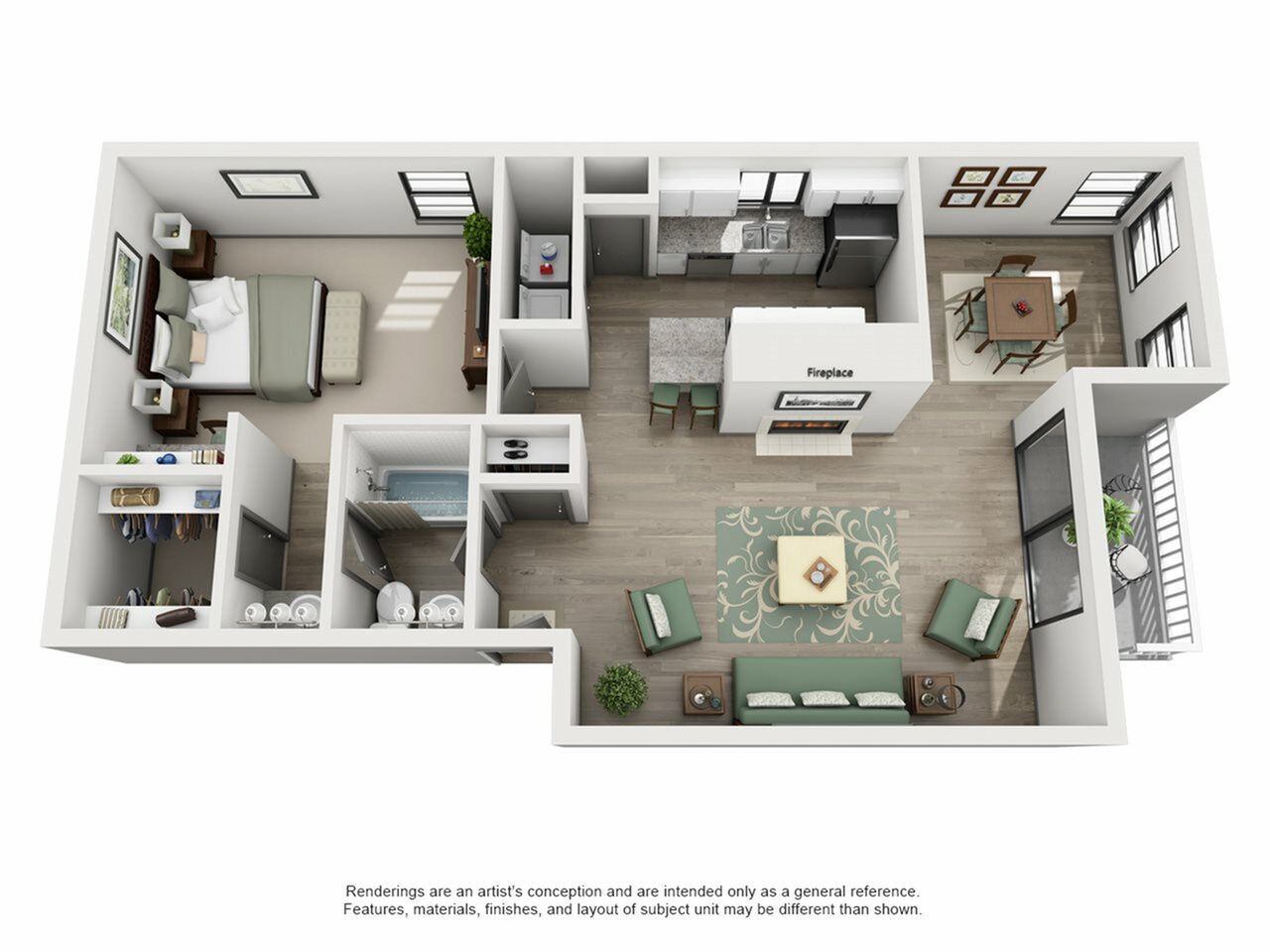 Modern 3D floor plan showcasing a stylish one-bedroom apartment with an open-concept living room, cozy dining area, and sleek kitchen with a fireplace.