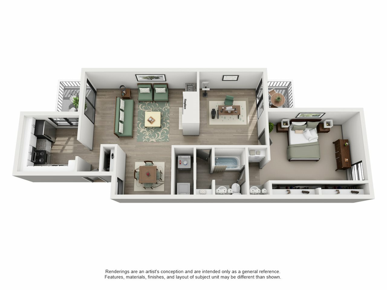 Elegant 3D floor plan showcasing 2 spacious bedrooms, a modern kitchen, and a cozy living area with patio access.