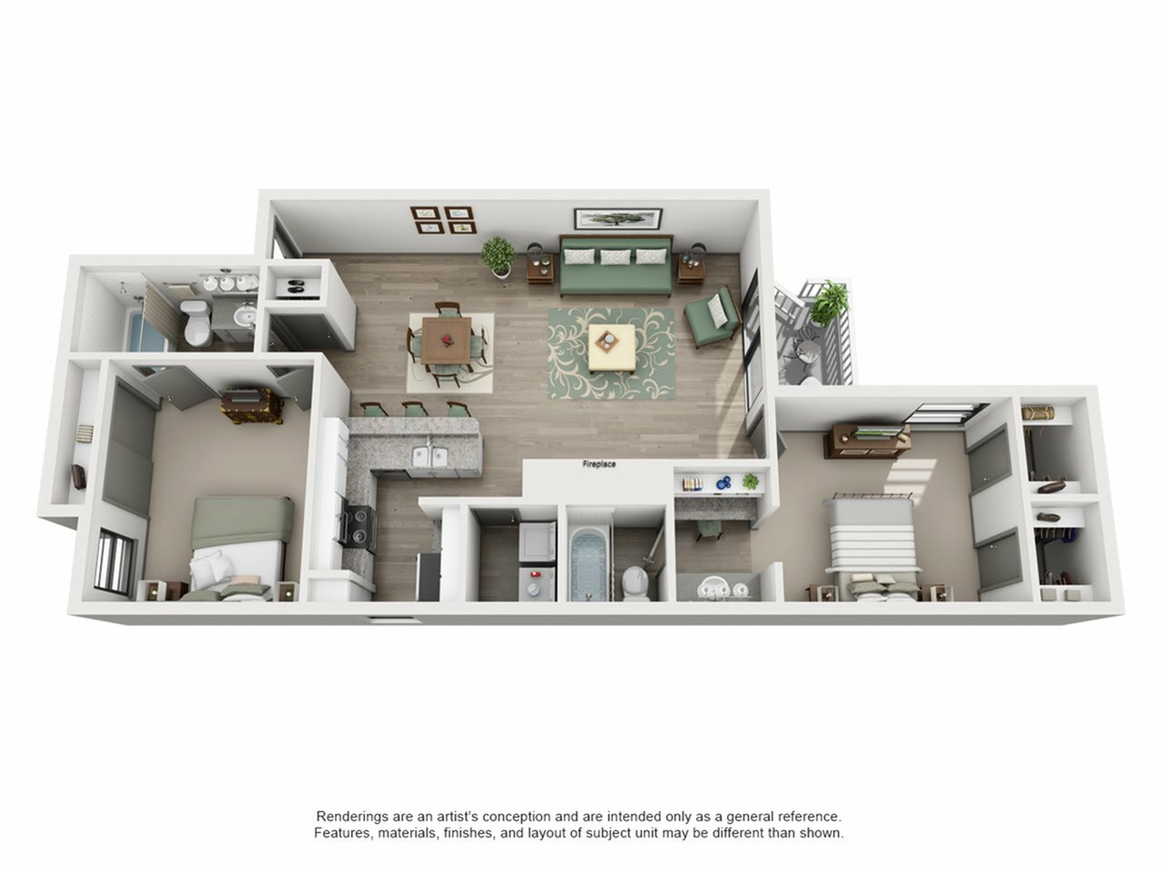 Charming 3D apartment floor plan with two bedrooms, cozy living room, open-concept kitchen, and private balcony.