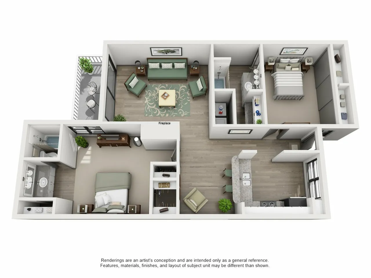 Modern 3D floor plan showcasing 2 bedrooms, stylish open-concept living area, sleek kitchen, and cozy balcony for a perfect urban retreat.