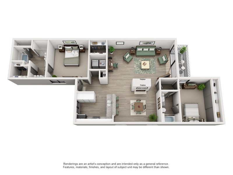 Elegantly designed floor plan showcasing three spacious bedrooms, a modern open-plan living area, and a sleek kitchen with a breakfast bar, complemented by a cozy balcony for relaxation.