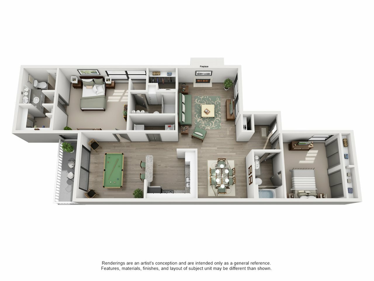 Elegant 3D floor plan with 2 bedrooms, modern open living space, stylish kitchen, and a cozy fireplace.