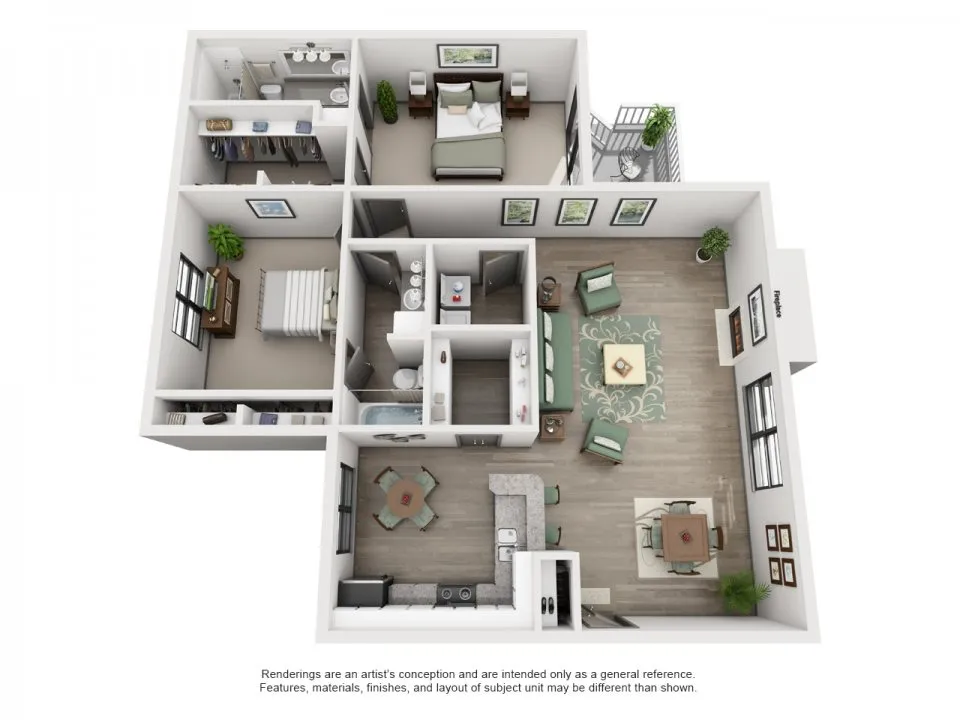 Modern 3D floor plan featuring 2 cozy bedrooms, a stylish open-concept living area, and a fully equipped kitchen with breakfast bar.