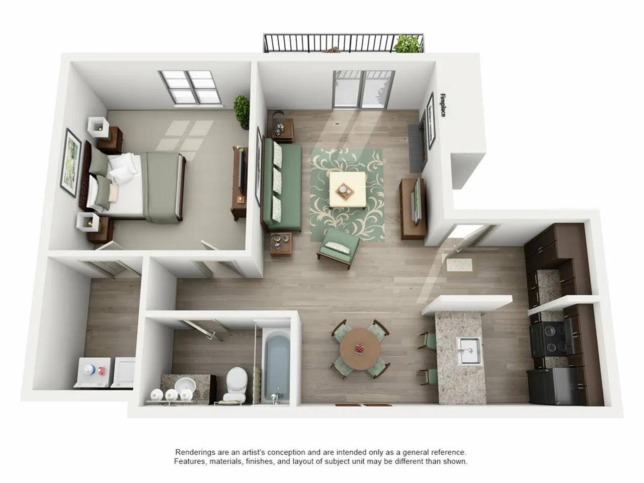 Modern 3D floor plan showcasing a cozy 1-bedroom apartment with an open living area, sleek kitchen, and private balcony.