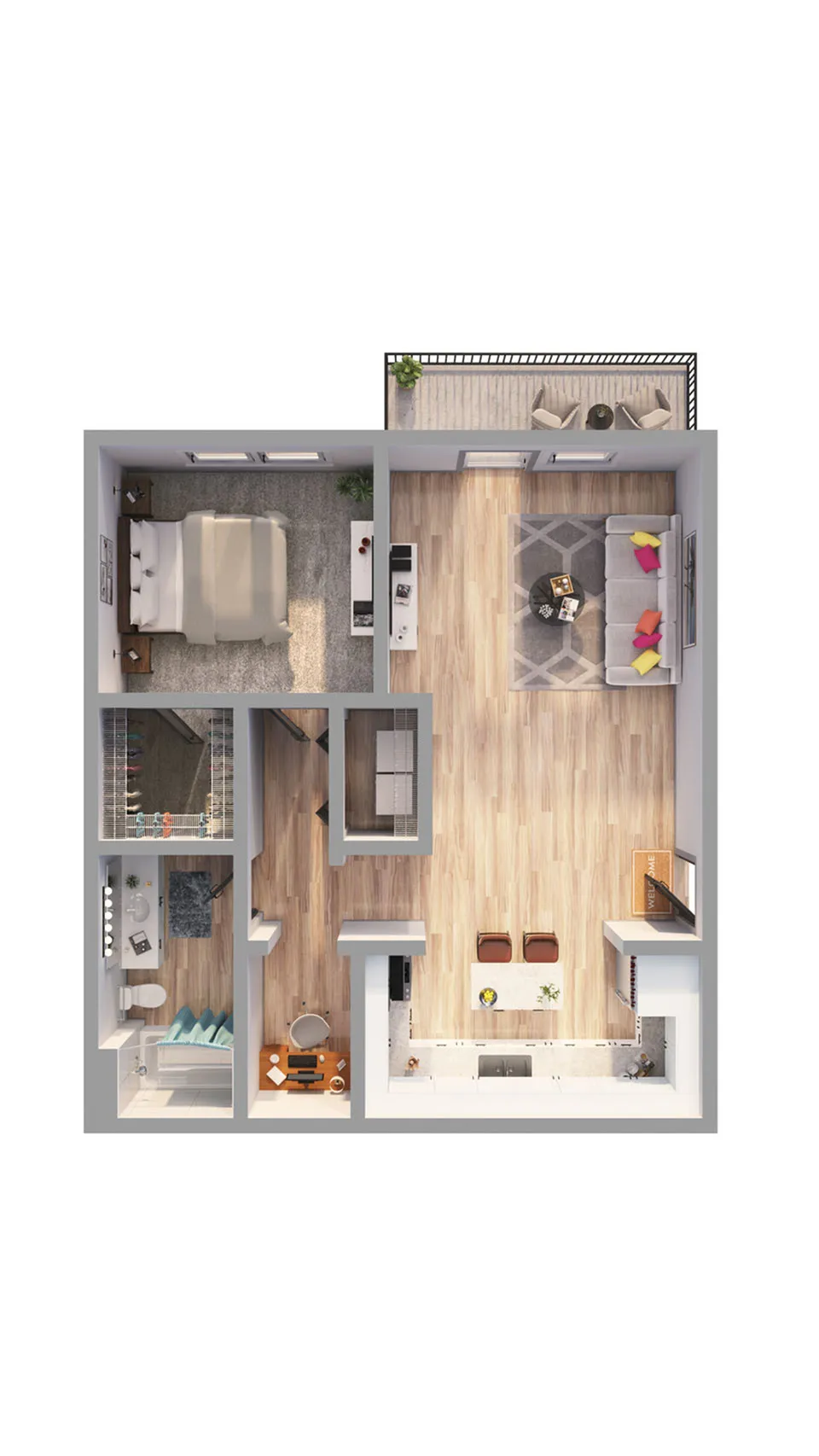 Modern 2D floor plan featuring 1 bedroom, a spacious open-concept living area, a stylish kitchen with an island, and a private balcony.