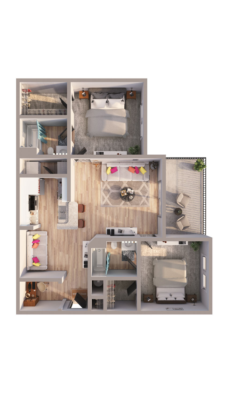 Modern floor plan showcasing 2 spacious bedrooms, open living area with cozy seating, contemporary kitchen, and private balcony.