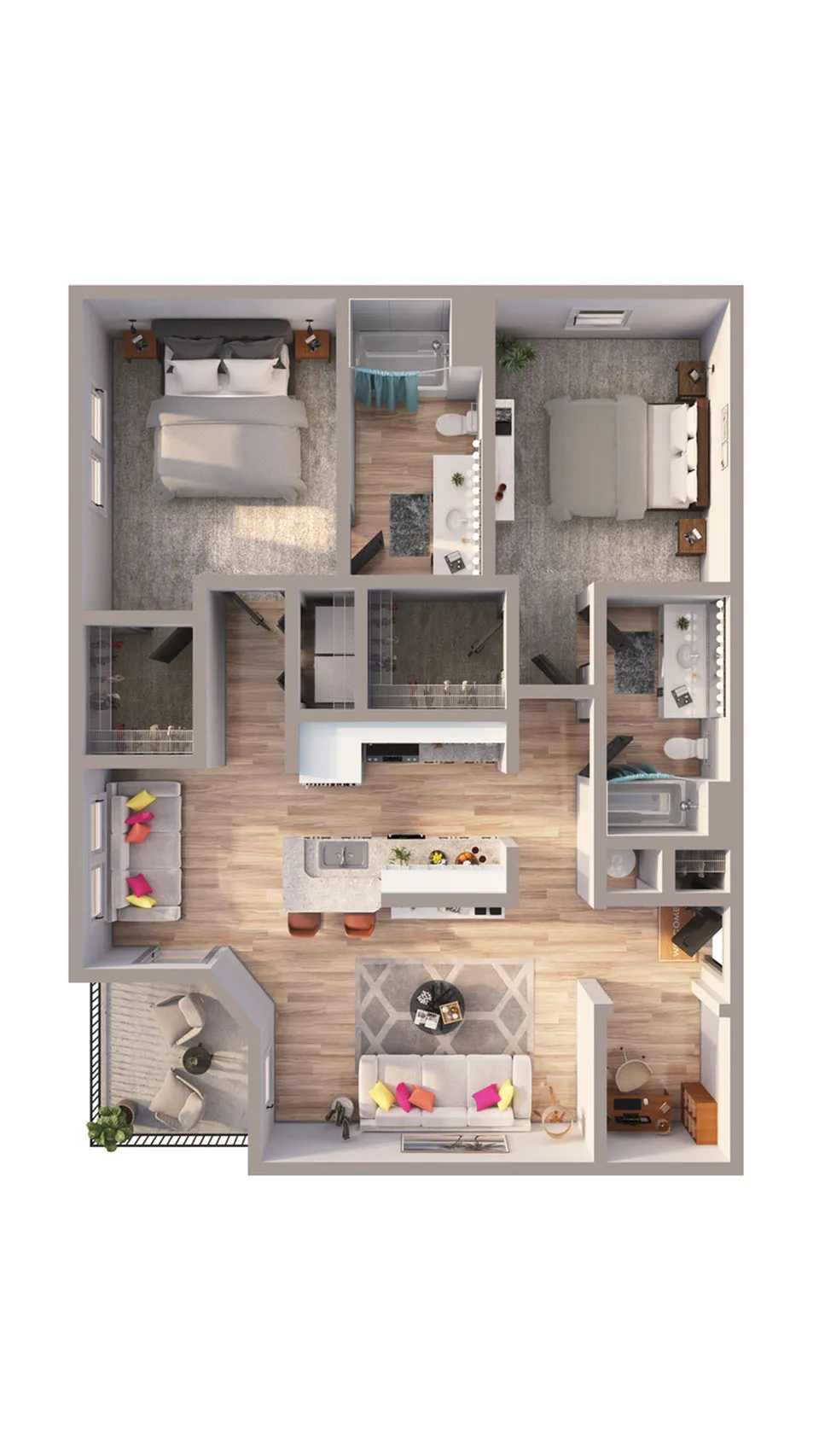 Elegant 3D floor plan showcasing two spacious bedrooms, two modern bathrooms, an open-concept living area with stylish furnishings, and a sleek kitchen with an island.