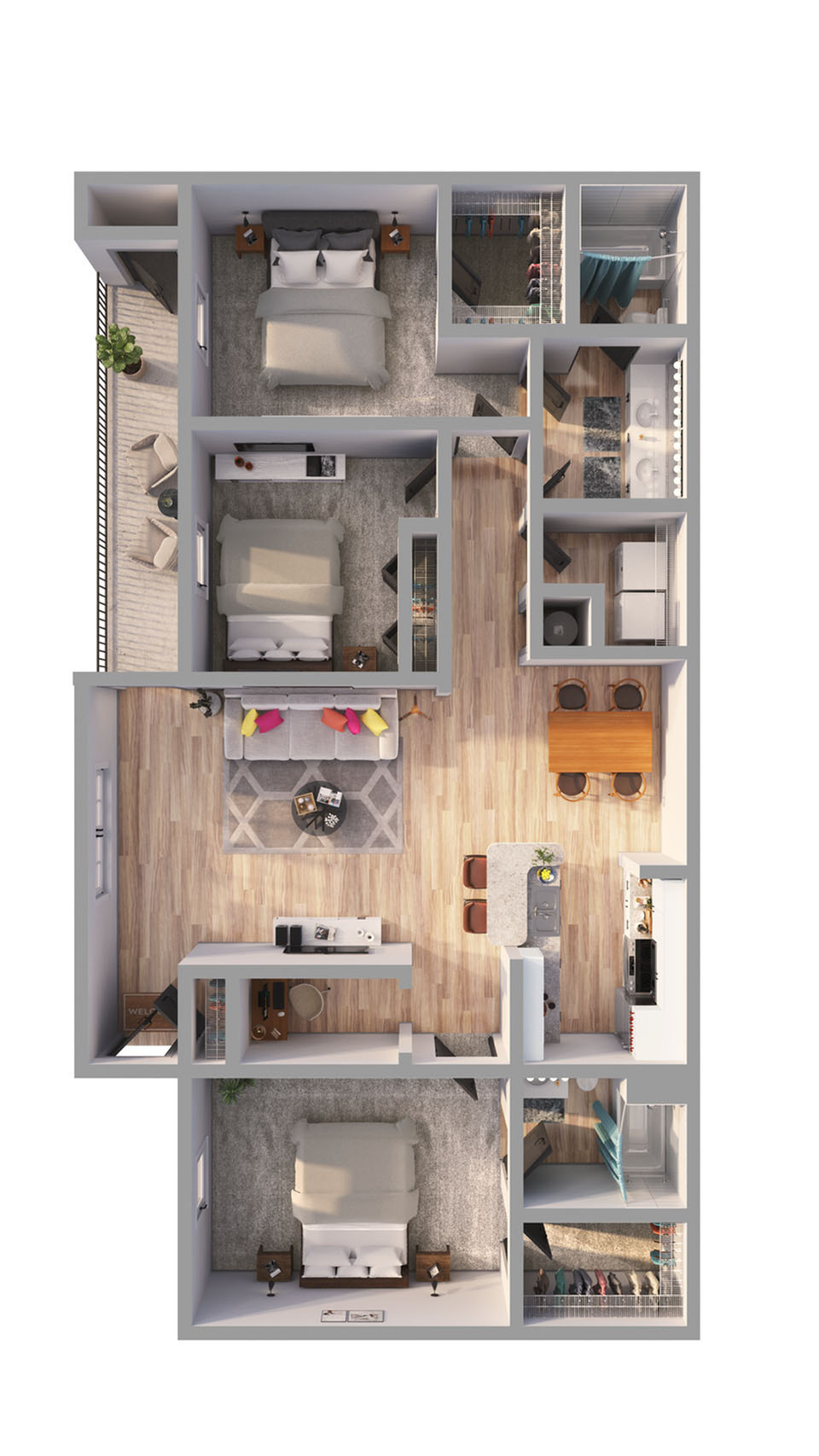 Contemporary 3D floor plan highlighting 3 luxurious bedrooms, an open living space with a sleek kitchen, and stylish interiors.