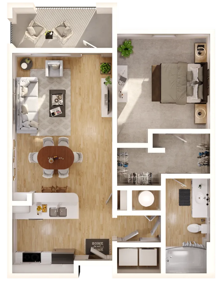 Modern floor plan featuring 1 bedroom, open-concept living and dining area, stylish kitchen, and cozy balcony.