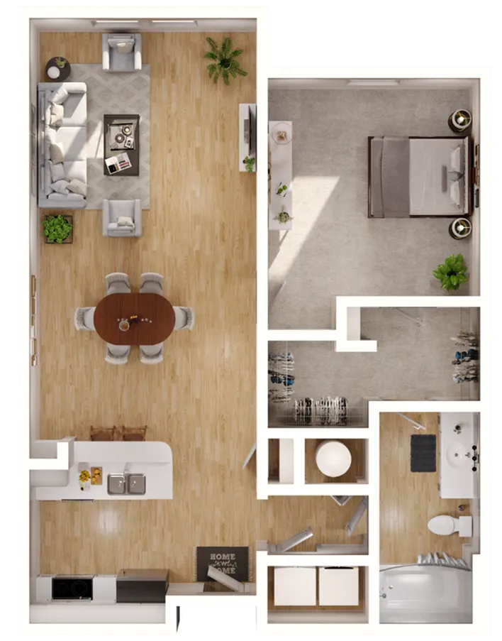 Modern apartment floor plan showcasing an open-concept living and dining area, a cozy bedroom, and a stylish kitchen with contemporary finishes.