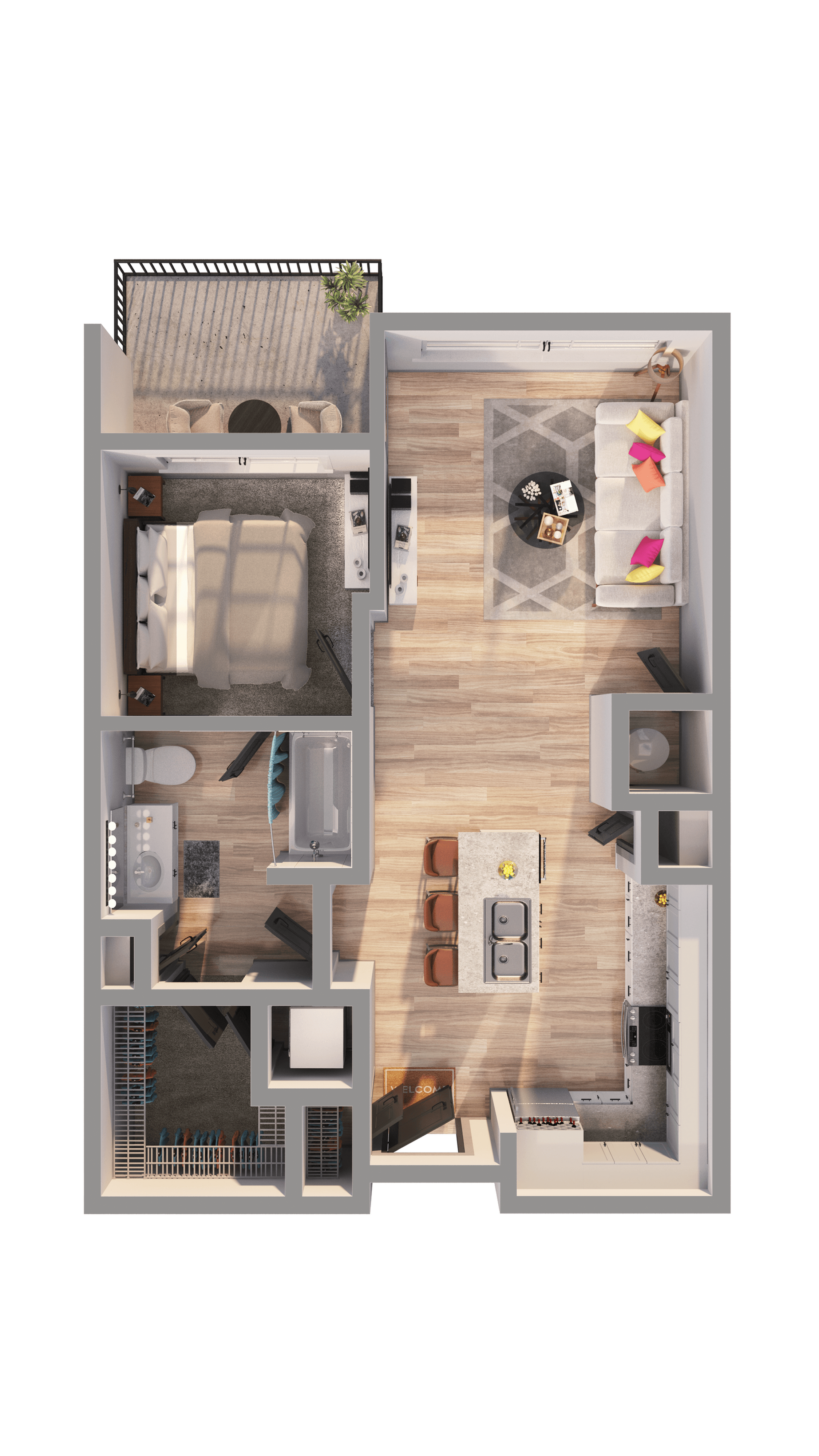 Elegant 1-bedroom apartment floor plan featuring a cozy living area, modern kitchen with island, compact bathroom, and a private balcony for relaxation.
