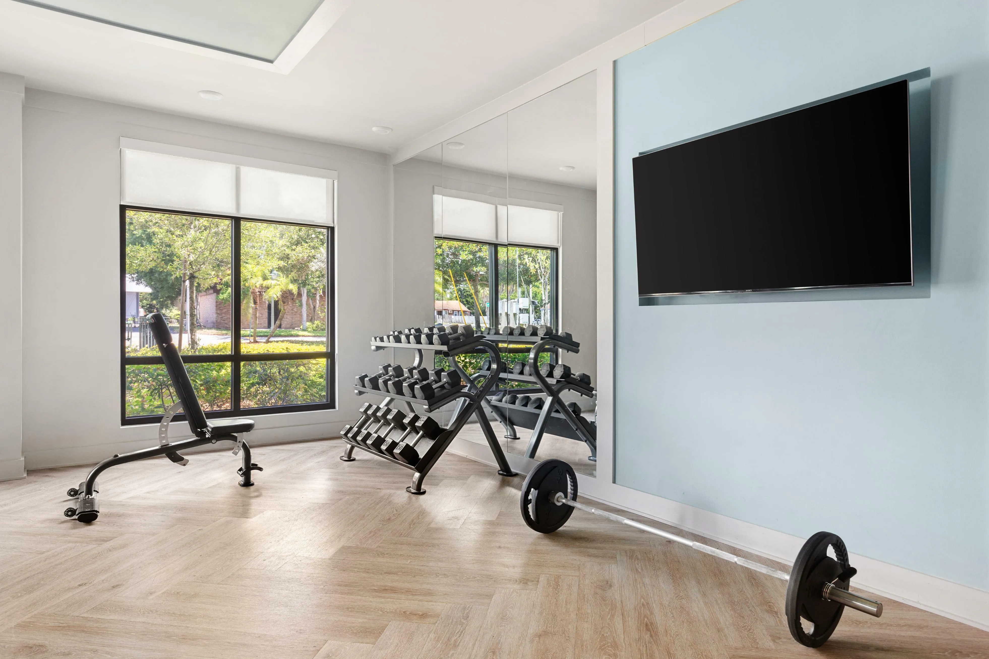 Contemporary fitness room with large windows, featuring dumbbells, a workout bench, and a sleek mirrored wall design.