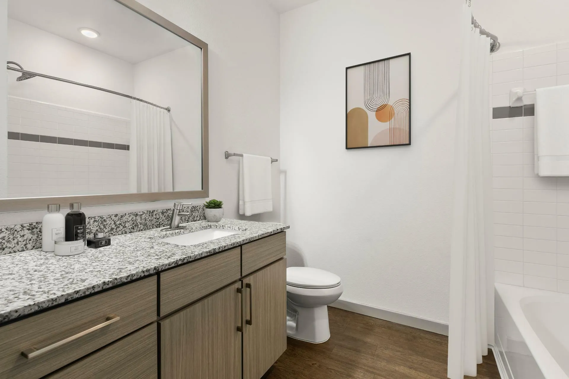Modern bathroom with granite countertop, stylish wood cabinetry, elegant wall art, and contemporary fixtures.