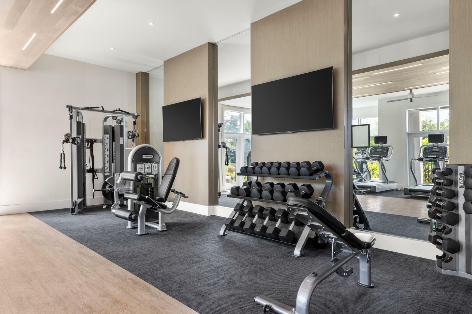Modern apartment gym with sleek equipment, weights, and cardio machines in a bright, airy space.