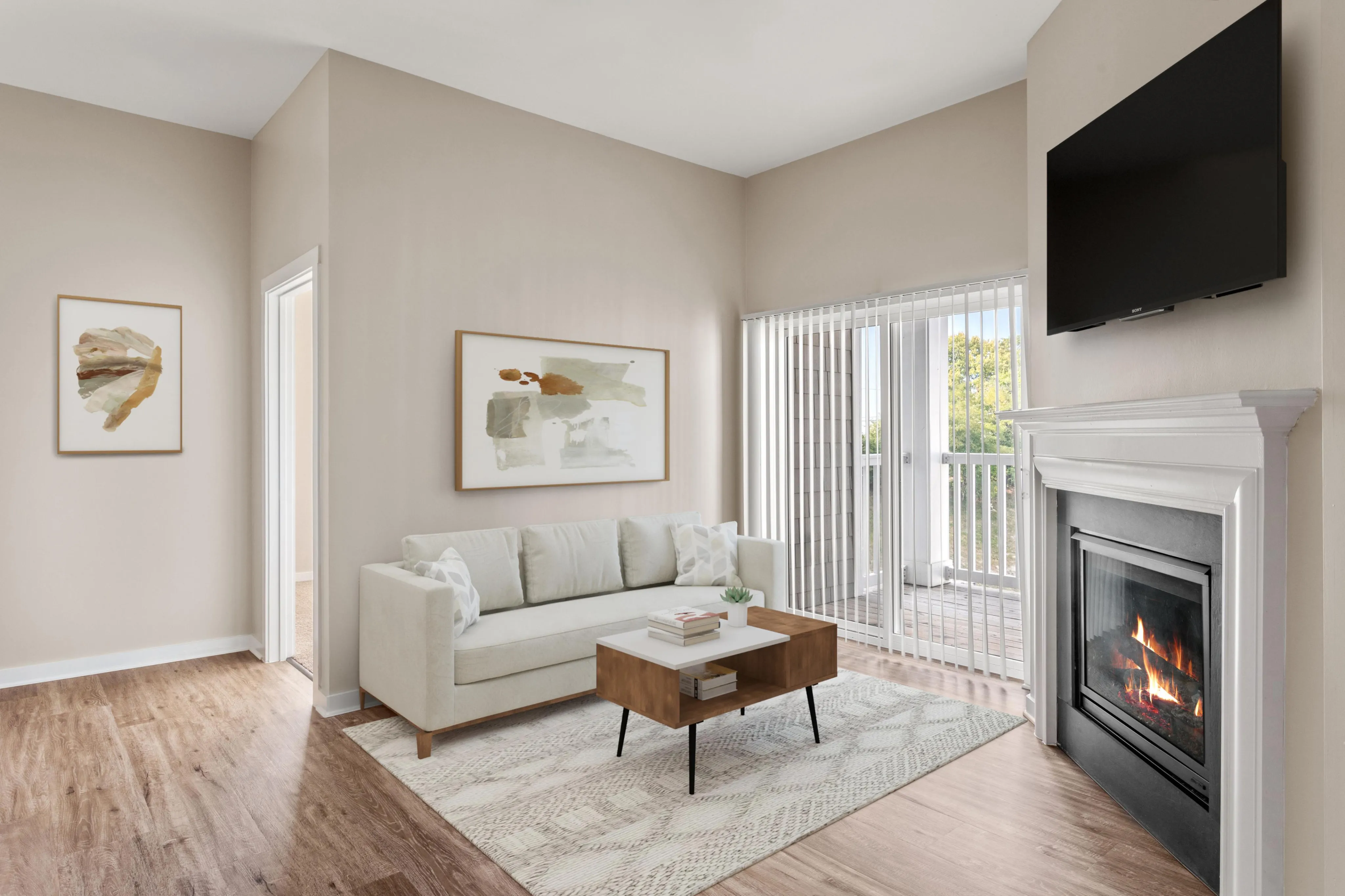 Inviting living room with elegant fireplace, modern decor, and natural light from floor-to-ceiling windows, perfect for relaxation and comfort.