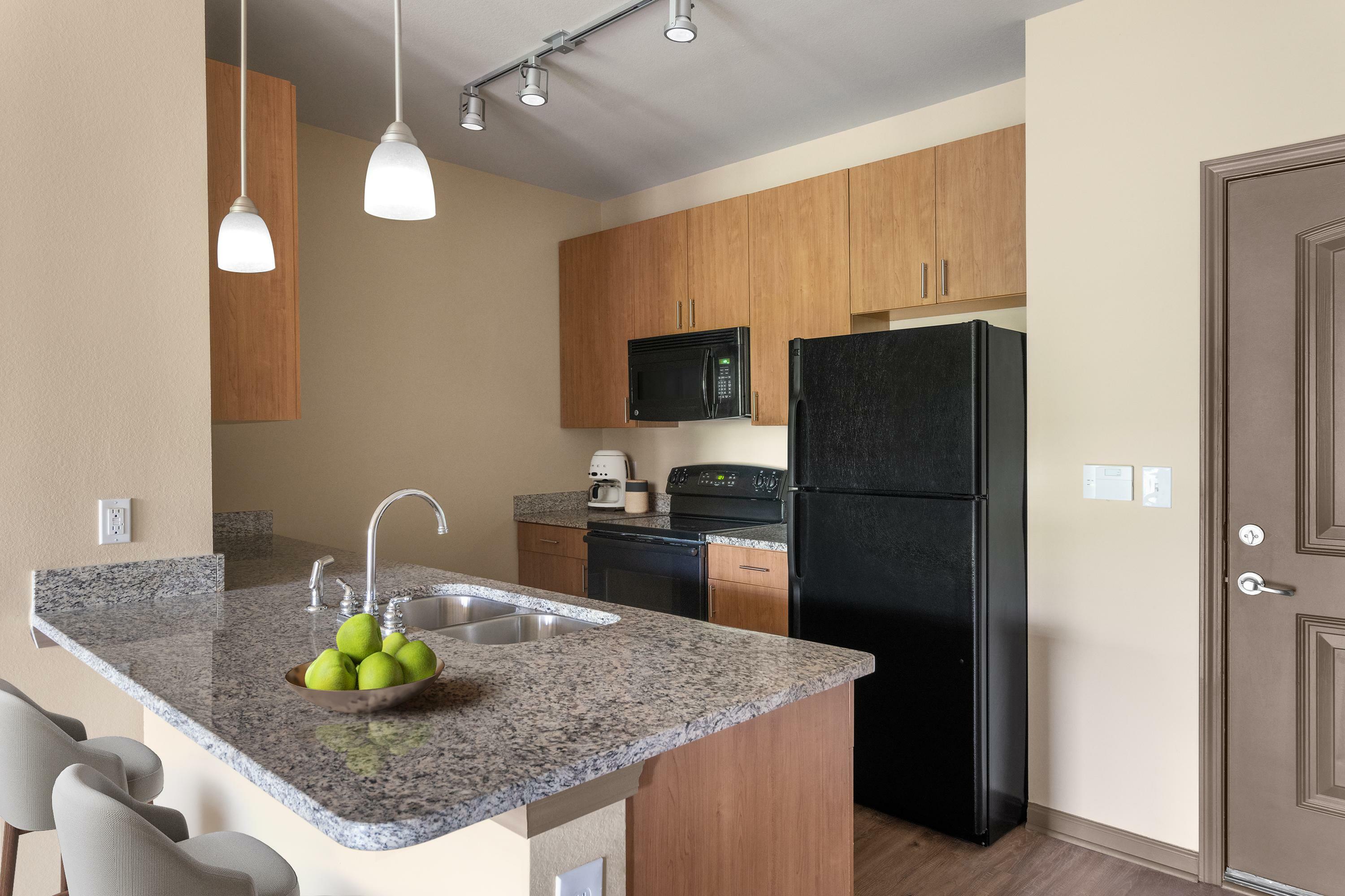Contemporary kitchen with granite countertops, sleek black appliances, and stylish pendant lighting.