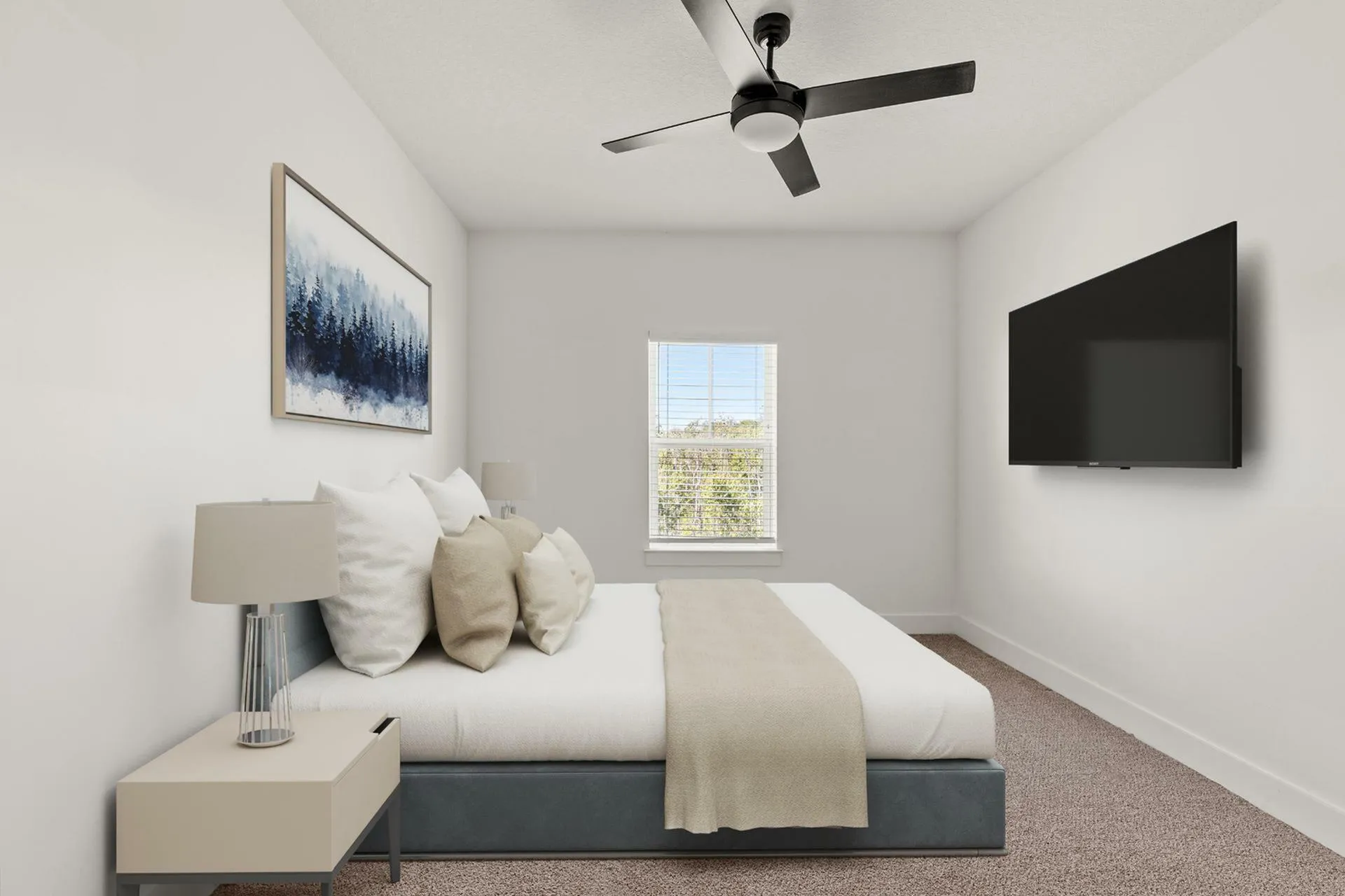 Elegant bedroom showcasing a plush bed with cozy pillows, modern ceiling fan, and a sleek wall-mounted TV, bathed in natural light from the window.