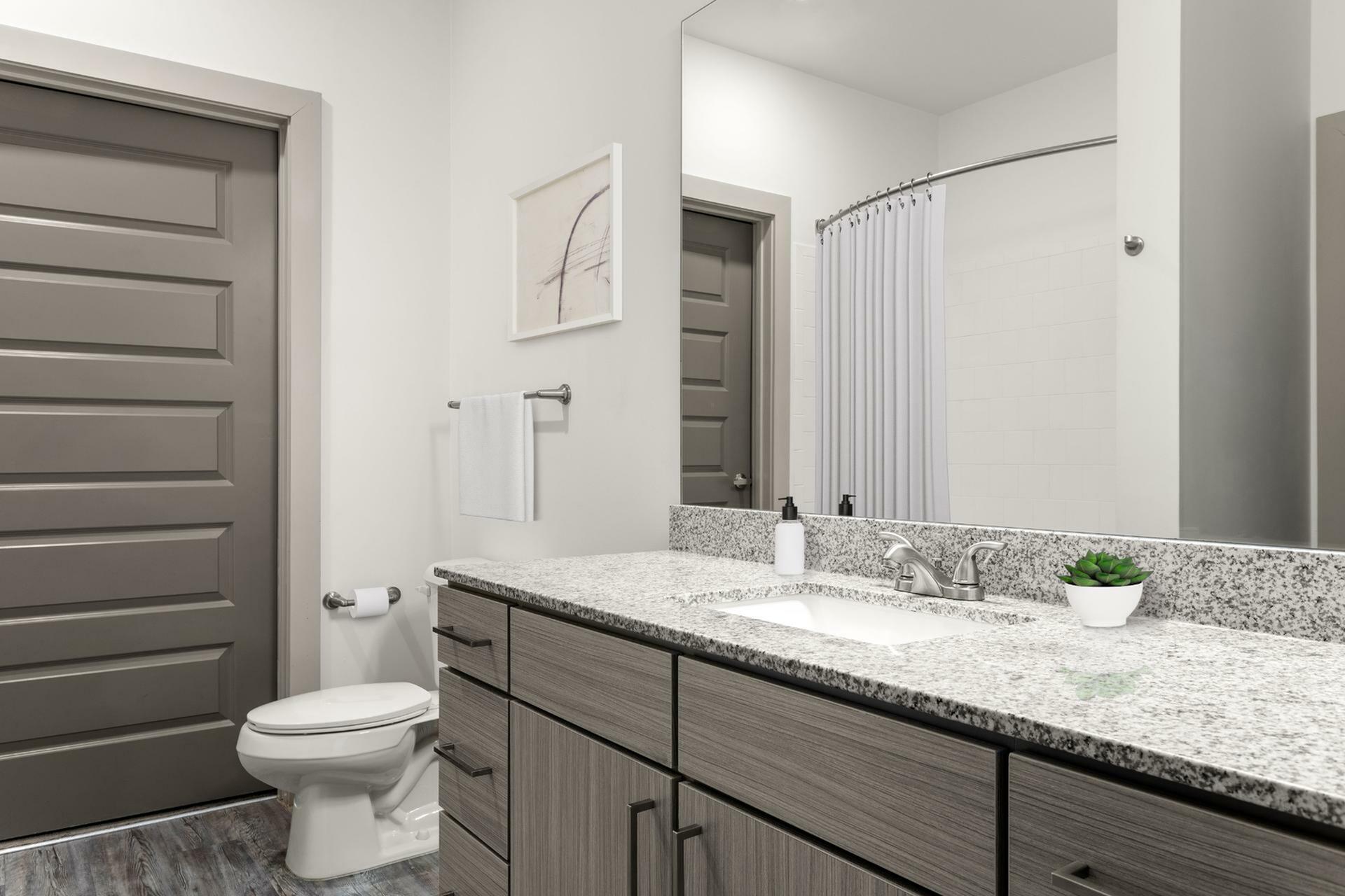 Elegant modern bathroom with granite countertops, sleek cabinetry, and a stylish framed mirror.