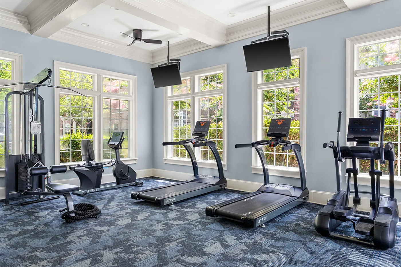 Modern gym with state-of-the-art exercise equipment, bright windows, and elegant decor.