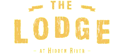 The Lodge at Hidden River logo with bold gold lettering on a black background.