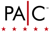 PAC logo with five red stars and vertical red line.