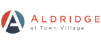 Aldridge at Town Village logo with modern design elements in red and blue.