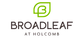 Modern logo design for Broadleaf at Holcomb, featuring a stylish green leaf graphic intertwined with the letter 'B'.