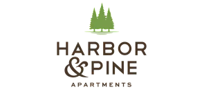 Elegant Harbor & Pine Apartments logo featuring stylized green pine trees, conveying a serene and nature-inspired living experience.