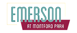 Emerson at Montford Park logo in bold teal and maroon, showcasing modern style and vibrant community living.
