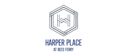 Elegant hexagonal Harper Place logo with modern typography, emphasizing sophistication and style at Bees Ferry.