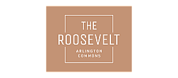 Elegant logo for The Roosevelt at Arlington Commons featuring a sleek modern design on a warm tan background.