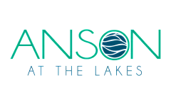 Anson at the Lakes logo featuring sleek typography in aqua and navy hues with a wave motif, exuding a serene lakeside vibe.