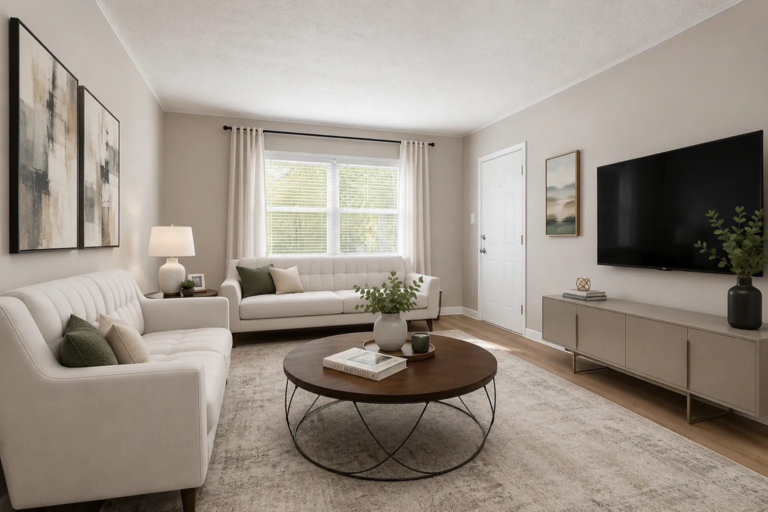 Inviting living room with elegant decor, plush white sofas, modern round coffee table, and large flat-screen TV, perfect for relaxation and entertainment.