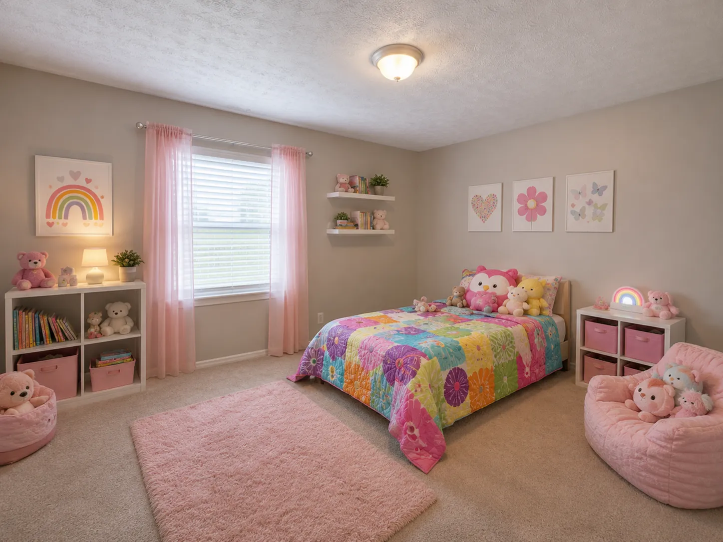 Charming children's bedroom with colorful bedding, playful plush toys, and bright wall art, perfect for a vibrant and cozy atmosphere.