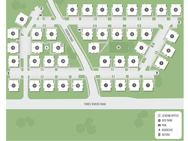 Inviting residential complex map highlighting leasing office, dog park, and convenient amenities in a lush green environment on Crown Road and Three Rivers Road.