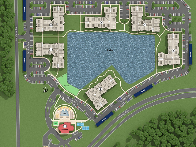 Attractive community layout featuring multiple residential buildings encircling a tranquil lake, with amenities like clubhouse, pool, dog park, and convenient garage parking.
